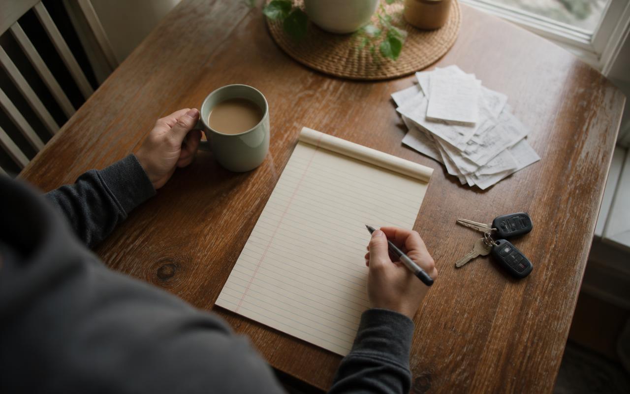 Person at a kitchen table writing a vehicle budget on a notepad beside receipts and car keys