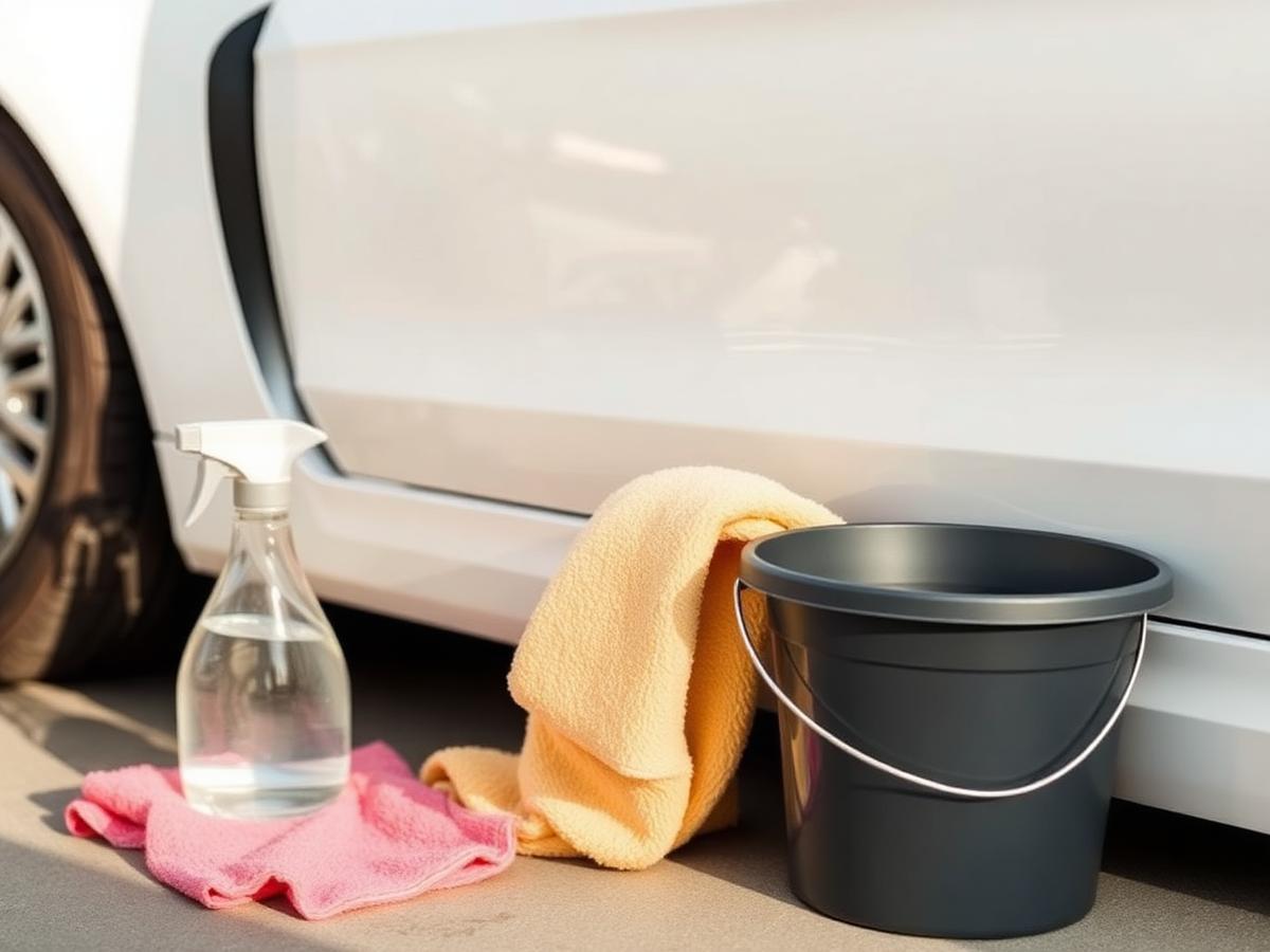 Spray bottle, cloths, and bucket beside a clean car door