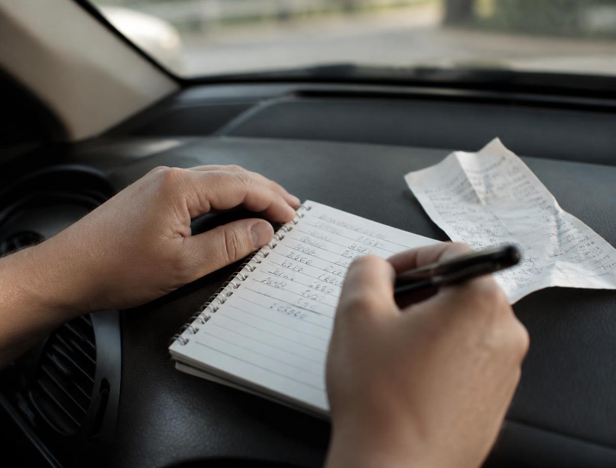 Notebook of fuel costs and a receipt on a car dashboard