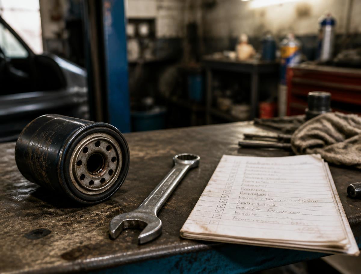 Oil filter, spanner, and a handwritten service checklist on a workshop bench