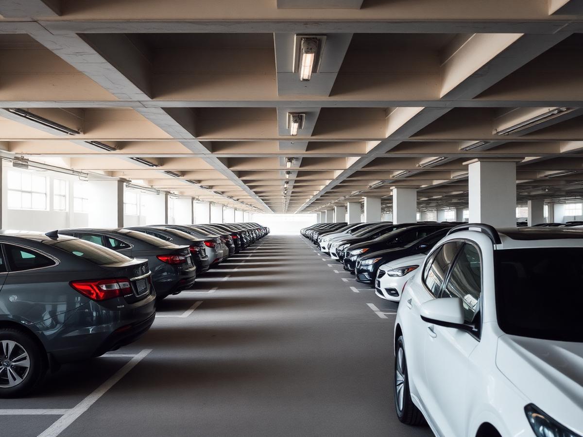 Rows of parked cars inside a daylight parking structure