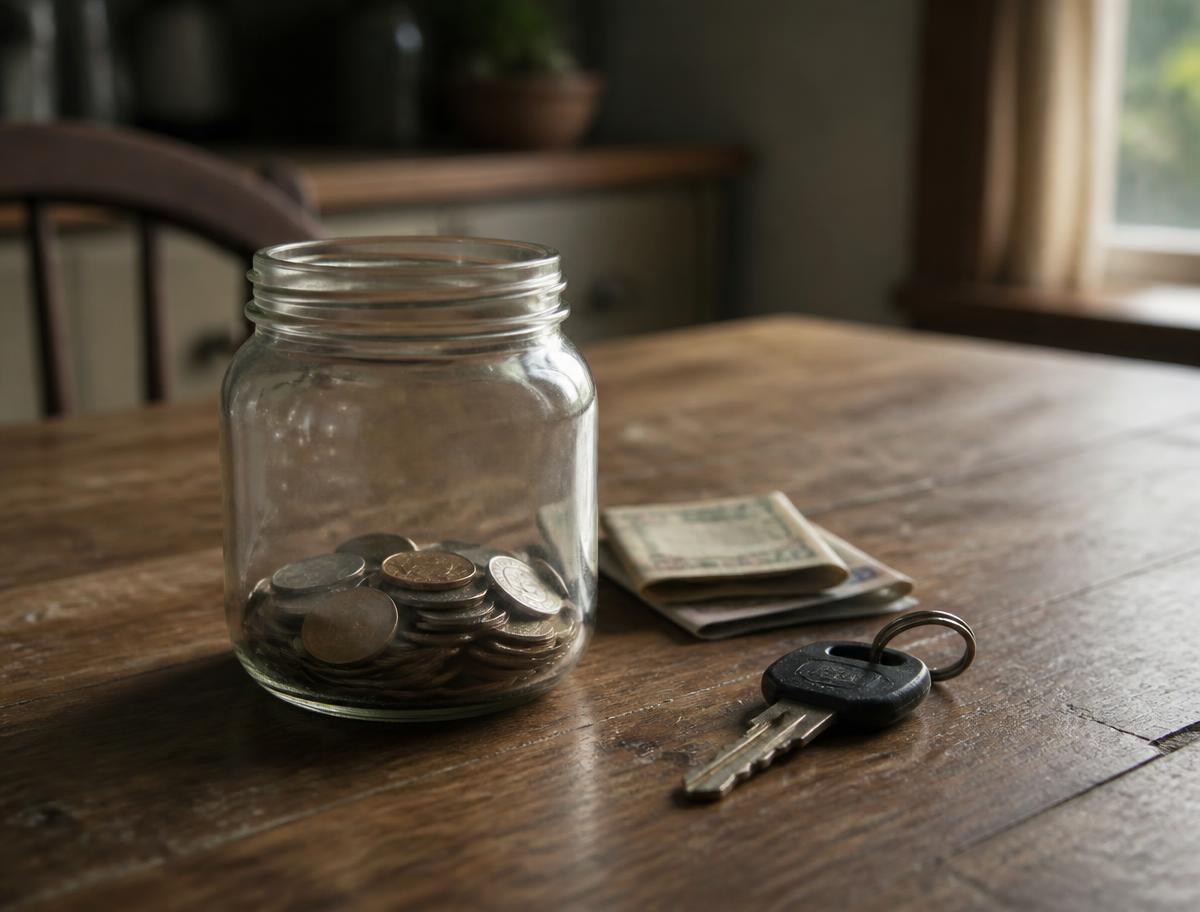 Glass jar of coins with folded bills and a car key on a wooden table